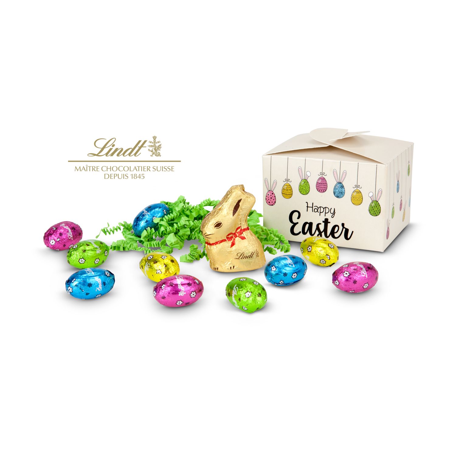 Geschenkartikel / Präsentartikel: Buntes Lindt Osternest - Lindt-Osterhase mit 10 Eiern, auch in individueller Pralinenschachtel